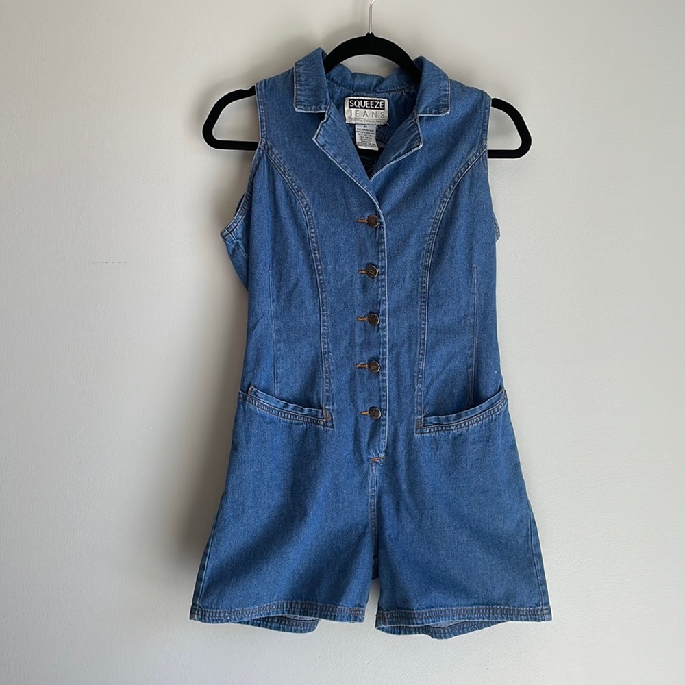 Vintage 90’s Y2K Denim Romper with Lace Up Back - Squeeze Jeans Size M